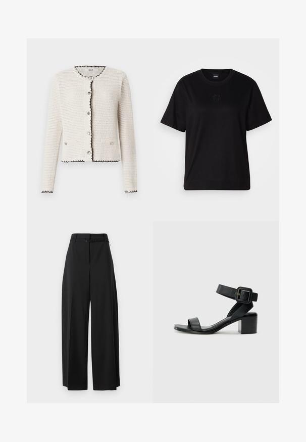 White textured cardigan with black trim, featuring a round neckline, front button closure, and two small pockets. Silver-tone buttons accentuate design.; Black cotton t-shirt with a crew neckline, short sleeves, and an embroidered logo on the chest. Simple, relaxed fit with no patterns.; Black wide-leg trousers with a high waist and a belt. Features a smooth texture and clean lines, designed for a relaxed fit.; Black leather heeled sandal with adjustable ankle strap, open toe design, and a square block heel. Smooth texture, minimalistic style.