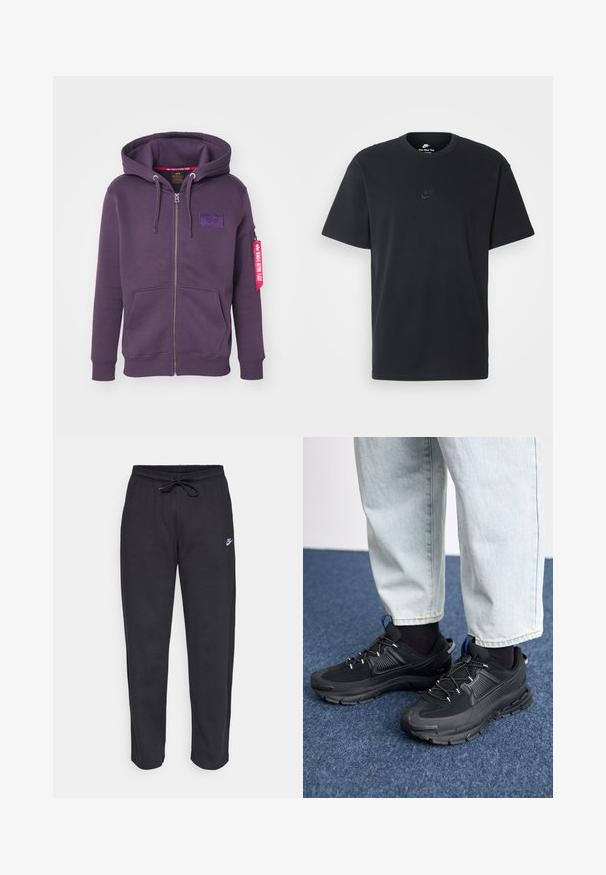 Sudadera con cremallera morada que presenta un parche de logo en la parte frontal, capucha con cordón, dos bolsillos delanteros y un detalle de etiqueta roja en la manga.; Camiseta negra de algodón de Nike con un clásico cuello redondo, mangas cortas y un sutil logo en relieve en el pecho. Textura suave.; Pantalones de chándal negros hechos de una tela suave, con cintura elástica, cordón y un pequeño logo de Nike en el muslo izquierdo.; Zapatillas deportivas negras con tejido texturizado y suelas de goma, con cordones elásticos y un acento azul en el talón. Combinadas con pantalones de mezclilla claros.