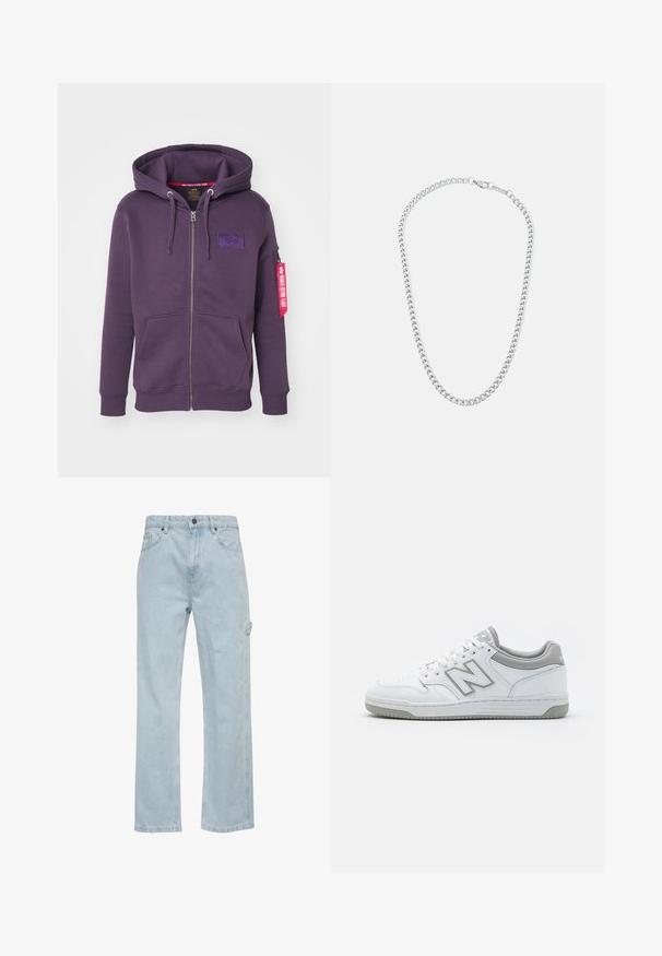 Felpa con zip viola caratterizzata da una patch logo frontale, cappuccio regolabile con cordino, due tasche frontali e un'etichetta rossa sul manica.; T-shirt nera in cotone con maniche corte, scollo rotondo e logo bianco stampato sul davanti. Tessuto liscio e vestibilità rilassata.; Jeans in denim azzurro chiaro con design a gamba dritta, dotati di tasche anteriori e posteriori e una tasca laterale cargo. Texture liscia, stile casual.; Sneaker in pelle bianca con accenti grigi, con punta forata, lacci piatti e suola a motivo. Logo New Balance sul lato.; Collana in metallo argentato con maglie intrecciate e chiusura sicura, texture liscia, finitura uniforme e design classico.
