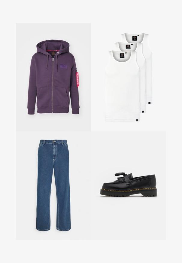 Fleece roxa com fecho éclair, apresentando um patch com o logótipo frontal, capuz com cordão, dois bolsos frontais e um detalhe em etiqueta vermelha na manga.; Três tops em algodão de alças brancas com nervuras. Apresentam um decote redondo e pequenas etiquetas pretas perto da bainha. Disponíveis em vários tamanhos.; Jenas de ganga azuis com corte reto, design de cinco bolsos, fecho com botão metálico e costura visível ao longo das costuras e da bainha.; Mocassim de couro preto com um detalhe de franjas, apresentando uma sola preta robusta e costura amarela ao longo da borda. Acabamento texturizado.