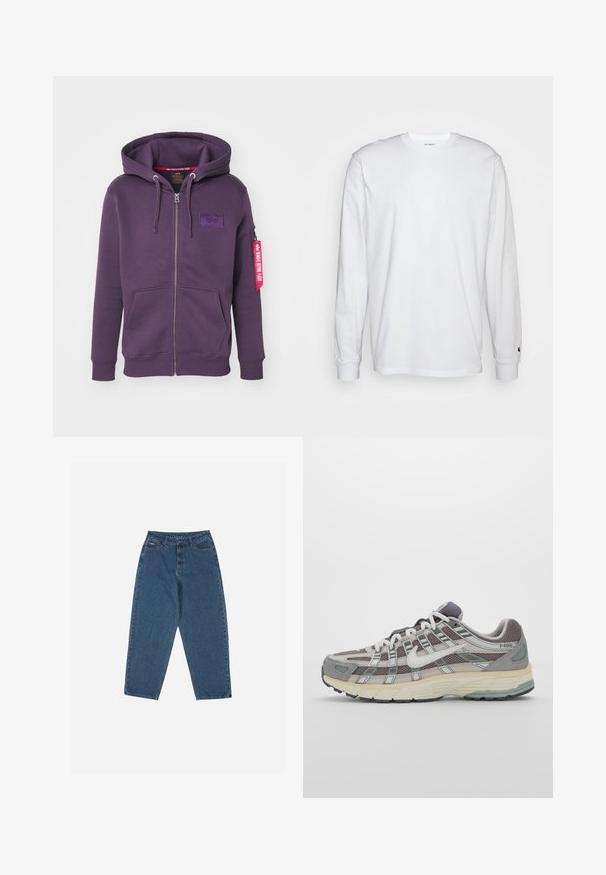Ljubičasta dukserica s patentnim zatvaračem koja ima prednju oznaku logotipa, kapuljaču s užetom, dva prednja džepa i crvenu oznaku na rukavu.; Bijela dugopruga majica s dugim rukavima od pamuka. Dizajn s okruglim izrezom, rebrastim manžetama i malim logotipom na lijevom rukavu. Glatka tekstura.; Plave traperice s opuštenim krojem, visokim strukom, dizajnom s pet džepova i naglašenim šavovima. Imaju kopčanje na gumb i patentni zatvarač.; Siva sportska tenisica s gornjim dijelom od mrežaste tkanine i zamshta, bijelim detaljima, amortizirajućom potplatom i prepoznatljivim dizajnom s refleksivnim elementima.