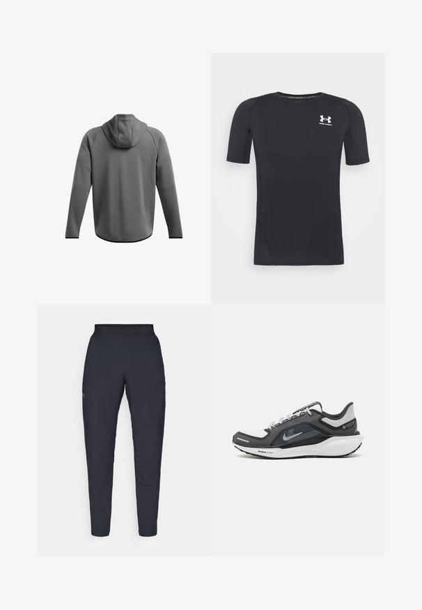 Grau kapuzenpullover aus weichem Stoff, mit langen Raglanärmeln, einem abgerundeten Saum und einem nahtlosen Rückendesign.; Schwarzes kurzärmliges Sportshirt aus feuchtigkeitsableitendem, elastischem Material. Verfügt über einen runden Halsausschnitt und ein kleines weißes Logo auf der Brust.; Schwarze Sporthose mit glatter Textur, schlankem Schnitt, elastischem Bund und seitlichen Taschen. Mit einem kleinen Logo auf dem linken Oberschenkel.; Schwarzer und grauer Sportschuh mit einem Mesh-Obermaterial, reflektierenden Akzenten und einer weißen Zwischensohle. Verfügt über eine strukturierte Gummisohle und Schnürsenkel.