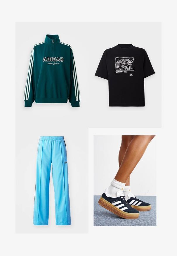Žalias džemperis su aukštu apykakle, baltas Adidas logotipas ir tekstas "Sportinė apranga"; turi baltas tris juosteles ant rankovių.; Juodas medvilnės marškinėliai su trumpomis rankovėmis. Priekyje yra balta voratinklio grafika ir logotipas. Paprastas apvalus iškarpymas.; Šviesiai mėlynos sportinės kelnės su elastinga juosmeniu, šoninėmis užtrauktukais ir juodomis šoninėmis detalėmis. Minkšta medžiaga, laisvas, platus kojų dizainas.; Juodi zomšiniai sportbačiai su baltais dryžiais ir akcentais, apvalios nosies, guminio, gumos pado, derinami su baltais raitytais vidutinio ilgio kojinaitėmis.
