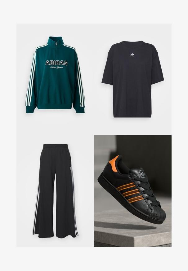 Teal sweatshirt med hög krage, vit Adidas-logotyp och texten "Athletic Garment"; har vita tre-rands-accenter på ärmarna.; Svart bomullströja med korta ärmar, rund halsringning, har en vit Adidas-logotyp på bröstet. Enkel design, avslappnad passform.; Svarta vida sweatpants med elastisk midje, med vita sidosträck och en broderad logotyp på vänster lår.; Svart sneakers med orange detaljer, tre horisontella ränder, texturerad läderöverdel, gummitåhuvud och svarta snören.