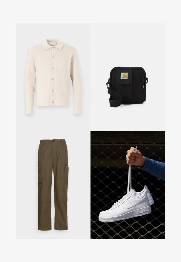 Cardigan in maglia beige con collo a cappotto e chiusura a bottoni. Presenta maniche lunghe e una texture morbida, con dettagli a costine sottili.; T-shirt bianca a maniche corte realizzata in cotone, con scollo rotondo e una texture liscia, dal taglio dritto e senza fantasie.; Pantaloni cargo verde oliva, realizzati in tessuto resistente. Presentano due tasche laterali, un punto vita standard e un design a gamba dritta.; Sneakers in pelle bianca con perforazioni, punta rotonda, suola piatta e lacci spessi, con logo swoosh visibile e "AIR" sul tallone.; Borsa a tracolla nera con un compartimento principale con zip, tasca frontale, tracolla regolabile e una patch del logo visibile sul risvolto.