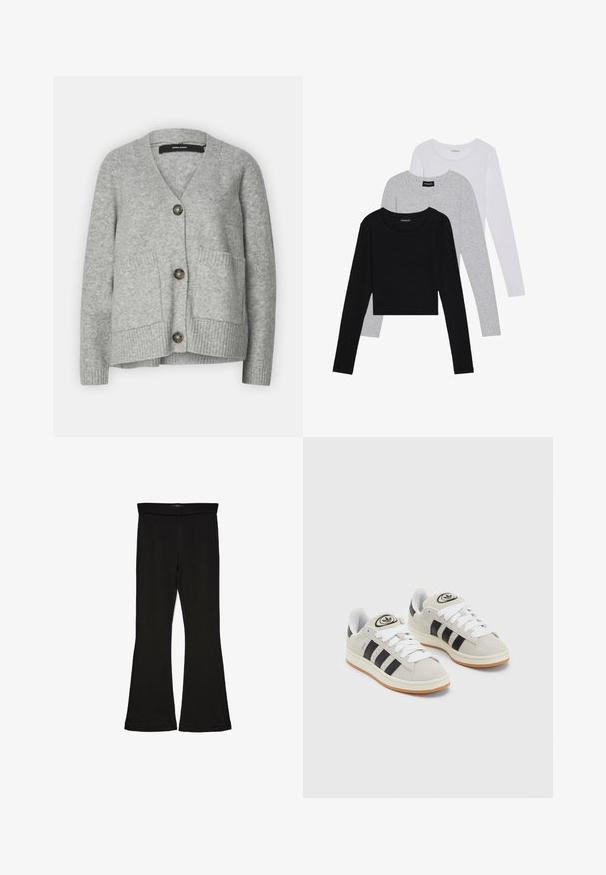 Gray knitted cardigan with a V-neck, three large buttons, two front pockets, and ribbed cuffs. Soft texture and relaxed design.; Three long-sleeve tops stacked: black, grey, and white. Each has a round neckline and a cropped design with smooth, lightweight fabric.; Black flare leggings made from stretchy fabric. Features a wide waistband and a smooth texture, with a fitted silhouette that flares at the hem.; Gray suede sneakers with white laces, black stripes, and a white rubber sole. Features a circular logo on the tongue and a gum sole.