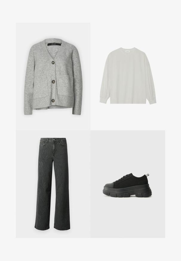 Grå strikket cardigan med V-hals, tre store knapper, to frontlommer og ribbede mansjetter. Myk tekstur og avslappet design.; Lys grå langermet t-skjorte laget av myk bomull. Har en løs passform, rund hals og forsiktig samlet mansjetter. Ingen mønstre eller grafikk.; Vide ben jeans i mørkegrå denim, med en subtil zebra-mønster tekstur, kontrast søm, og fem lommer med knappestol. ; Svarte sneakers med en kraftig gummisåle, teksturert stoffoverdel, rund tå og snøring. Har forsterkede snørehull og bakre trekkstang.
