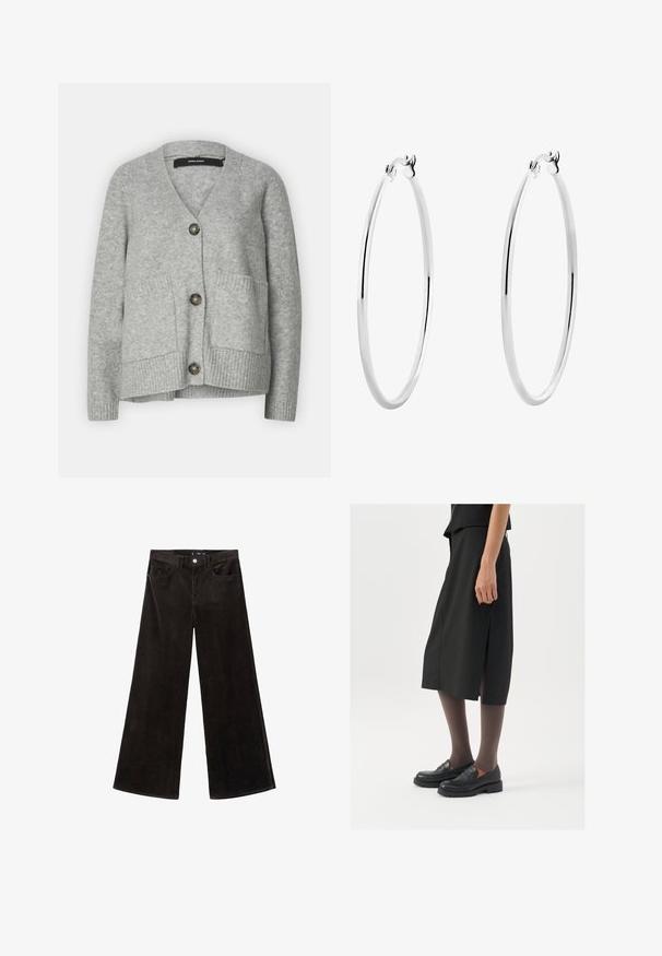 Siv pleteni kardigan z V-izrezom, tremi velikimi gumbi, dvema sprednjima žepoma in rebrastimi manšetami. Mehak material in sproščen oblikovanje.; Siva rebrasta majica bez rukava z okruglim izrezom. Mekana tekstura i kroj koji se dobro prilagođava, pogodna za ležerne ili slojevite kombinacije.; Črne široke hlače iz kordnega blaga z visokim pasom, sprednjimi žepi in teksturirano tkanino, z gumbom za zapiranje in zankami za pas.; Črna krila do kolen z bočnim razporkom, v kombinaciji s črnimi loaferji in prosojnimi rjavimi nogavicami, ki imajo gladko tkanino in preprost dizajn.; Srebrni obroči za ušesa z gladko, polirano površino in tanko, okroglo obliko. Oblikovanje vključuje varen zaponko.