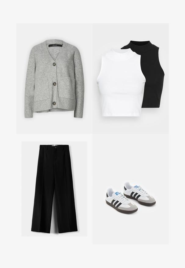 Szürke kötött kardigán V-nyakkal, három nagy gombbal, két elülső zsebbel és bordás mandzsettával. Puha textúra és laza dizájn.; Két ujjatlan, bordázott garbós top fekete és fehér színben, testhezálló kialakítással és sima textúrával, rövidített hosszal.; Fekete, bő szárú nadrág, könnyű anyagból, elöl gombos záródással és sima elfröccsenésű fazonnal, szépen varrott szegélyekkel.; Fehér bőr felsőrészes sportcipő, szürke velúrból készült orral és három fekete csíkkal. Jellemzője a kék logó a nyelvén és egy texturált gumitalp.