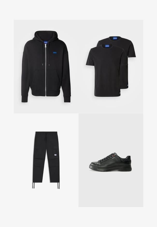 HUGO NARDIMEZ - Felpa con zip - black; Due magliette di cotone nere con scollatura rotonda, maniche corte e etichette blu "HUGO" sui colli e sui bordi laterali.; Pantaloni cargo neri con vita regolabile tramite cordino, numerose tasche, polsini elasticizzati e un discreto logo. Realizzati in tessuto leggero.; Sneaker nera in pelle con superficie testurizzata, collo imbottito e dettaglio logo rosso. Presenta una suola in gomma spessa con un motivo di battistrada distintivo.
