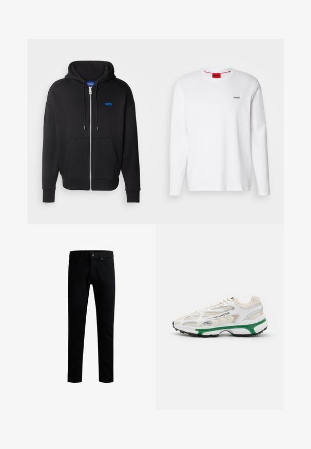 HUGO NARDIMEZ - Felpa con zip - black; Camicia bianca a maniche lunghe in cotone, con scollatura rotonda, logo nero "HUGO" sul lato sinistro del petto e una texture liscia.; Jeans di denim neri con taglio dritto, design a cinque tasche, chiusura anteriore con bottone e dettagli di cucitura sottili sulla vita.; Sneaker bianco con accenti verdi e suola in gomma nera. Presenta pannelli in rete e sintetici, con una finitura testurizzata e cuciture visibili.