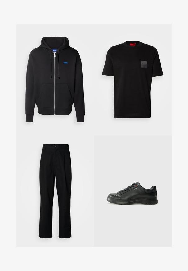 HUGO NARDIMEZ - Lukuga pusa - black; Must musta T-särk, millel on ümmargune kaelus, vasakul rinnal on tekstuuriga must päts logoga. Lühikesed varrukad ja lõdva lõikega.; Mustad sirged püksid nuppudega vöökoht, vöölõngad ja eesmine voldik, esitatud lihtsa valge tausta ees.; Must musta tennis, mille tekstuuriga pealis, pehmendatud krae ja punane logo detail. Omab paksu kummist tallat, millel on selge tallamuster.