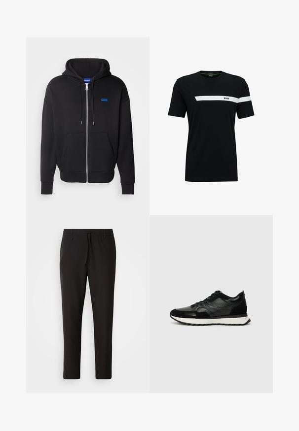 HUGO NARDIMEZ - Zip-up sweatshirt - black; BOSS TEE - Print T-shirt - black one; Black jogger pants made of smooth fabric. Feature an elastic waistband with a drawstring, tapered legs, and no visible pockets. Simple design.; Black sneakers with textured leather and suede materials, featuring a white midsole and a lace-up design. Notable brand logo on the side.