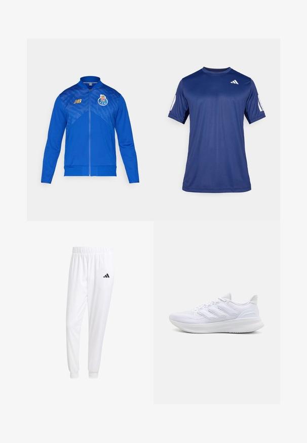 Blue zip-up jacket with mesh pattern, ribbed cuffs, and hem. Features a gold logo on the chest and a club emblem on the left side.; Navy blue short-sleeve athletic shirt made of smooth fabric, featuring a crew neck and a white logo detail on the upper left chest.; White athletic pants made of smooth fabric, featuring an elastic waistband and fitted cuffs, with a black logo on the back pocket.; White athletic shoes featuring a textured mesh upper, supportive cushioned sole, and three stripe design on the side.