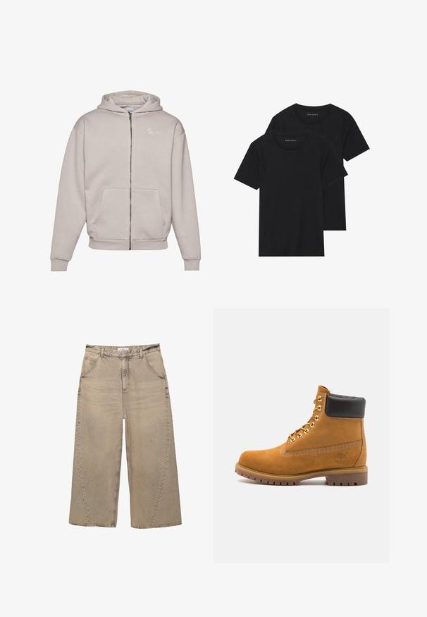 Világosszürke, cipzáros kapucnis pulóver, puha anyagból készült, elülső zsebbel, bordázott mandzsettákkal, és egy kis fehér logóval a mellkason.; Két fekete pamut póló, rövid ujjú, kerek nyakkivágással és sima textúrával, egymásra rakva bemutatva.; PULL&BEAR MEGA BAGGY - Túlméretezett farmernadrág - light grey; Barna velúr bokacipő fekete párnázott gallérral, arany fém fűzőlyukakkal, fehér varrási részletekkel és durva gumitalppal, amelynek kifejezett barázdái vannak.