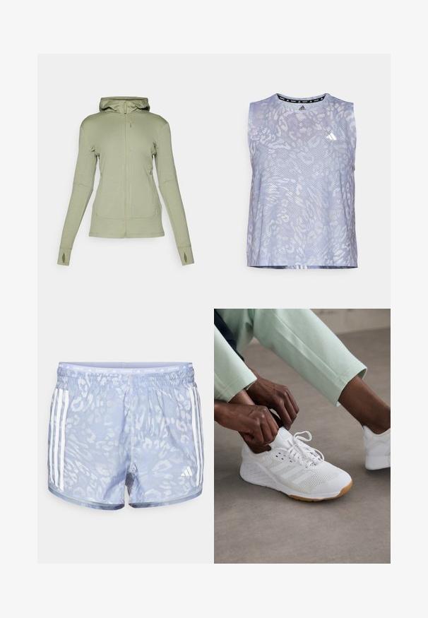 Giacca verde chiaro con zip e cappuccio, maniche lunghe, aperture per il pollice e due tasche laterali. Realizzata in un tessuto liscio e elasticizzato.; Canotta senza maniche di colore viola realizzata in tessuto traspirante, con una delicata stampa animale e il logo bianco di Adidas sul petto.; Pantaloni da corsa azzurro chiaro con un sottile motivo a leopardo, vita elastica e tre strisce bianche su ciascun lato.; Scarpa sportiva bianca con tomaia in rete, suola in gomma e design a tre strisce. I lacci vengono regolati; visibili abbigliamento grigio chiaro e verde menta.