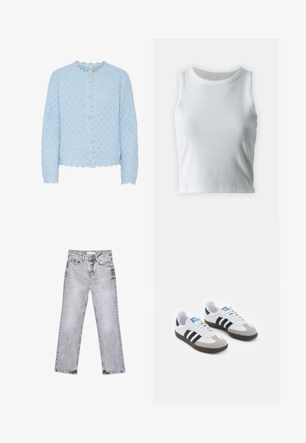 Svijetloplavi pleteni kardigan s dijamantnim uzorkom, valovitim rubovima i pet okruglih dugmadi nalik biserima. Dugi rukavi i skraćena dužina.; Bjela rebrasta majica bez rukava s okruglim izrezom i ravnim rubom, koja ima glatku i rastezljivu teksturu.; Sive traperice s ravnim nogavicama, s detaljima trošenja, pet džepova i bakrenim zakovicama. Pojas ima oznaku s logom.; Sportske cipele s gornjištem od bijele kože, sivi suedinasti nos i tri crne pruge. Imaju plavi logo na jeziku i teksturiranu gumenu podlogu.