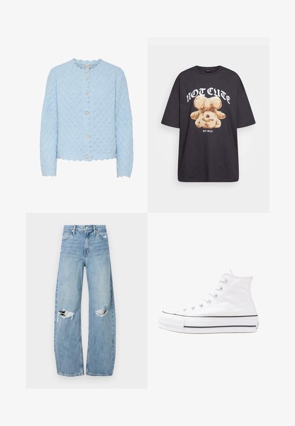 Lyseblå strikket cardigan med diamantmønster, bølget kant og fem runde perle-lignende knapper. Lange ermer og cropped lengde.; Svart oversized t-skjorte med en grafikk av en bjørn og teksten "IKKE SØT, MEN VILL" i fet, hvit skrift. Laget av bomull.; Lyseblå høytlivsjeans laget av denim. Har vide bein, to revne knær og klassisk fem-lommers design.; Hvit høy-skinn kanvas sneakers med svart gummisåle, gummitåhette foran og seks hull for snorer, med et rent, minimalistisk design.