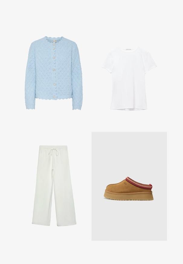 Vaaleansininen neulecardigan, jossa on timanttikuviota, aaltoilevat reunat ja viisi pyöreää helmimäistä nappia. Pitkät hihat ja lyhyt malli.; Valkoinen lyhythihainen t-paita, joka on valmistettu sileästä kankaasta, ja jossa on pyöreä pääntie sekä hillityt ompelutiedot helmassa.; Valkoiset leveälahkeiset housut pehmeästä kankaasta. Varustettu joustavalla vyötäröllä ja nyörillä sekä sileällä pinnalla. Ei näkyviä kuvioita tai tarvikkeita.; Ruskosuede-lenkkari, jossa on punavalkoinen kuvioitu reunus, teksturoidun pohjan ja UGG-logo sivussa. Sisältää kevyen korotuksen.