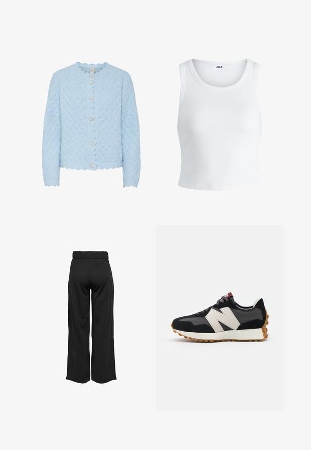 Vaaleansininen neulecardigan, jossa on timanttikuviota, aaltoilevat reunat ja viisi pyöreää helmimäistä nappia. Pitkät hihat ja lyhyt malli.; Valkoinen ribbattu hihaton toppi, jossa on pyöreä pääntie ja lyhyt malli. Tunnuslukuna lukee "JJXX". Sujuva kangas.; Mustat, leveälahkeiset housut, joissa on joustava vyötärö, valmistettu sileästä kankaasta. Ominaisuuksia ovat puhdas muotoilu ilman taskuja tai näkyviä ompelusaumoja.; Mustat ja harmaat mokkakenkä, jossa on suuri kermanvärinen "N"-logo, violetit nauhat ja teksturoitu kumipohja.