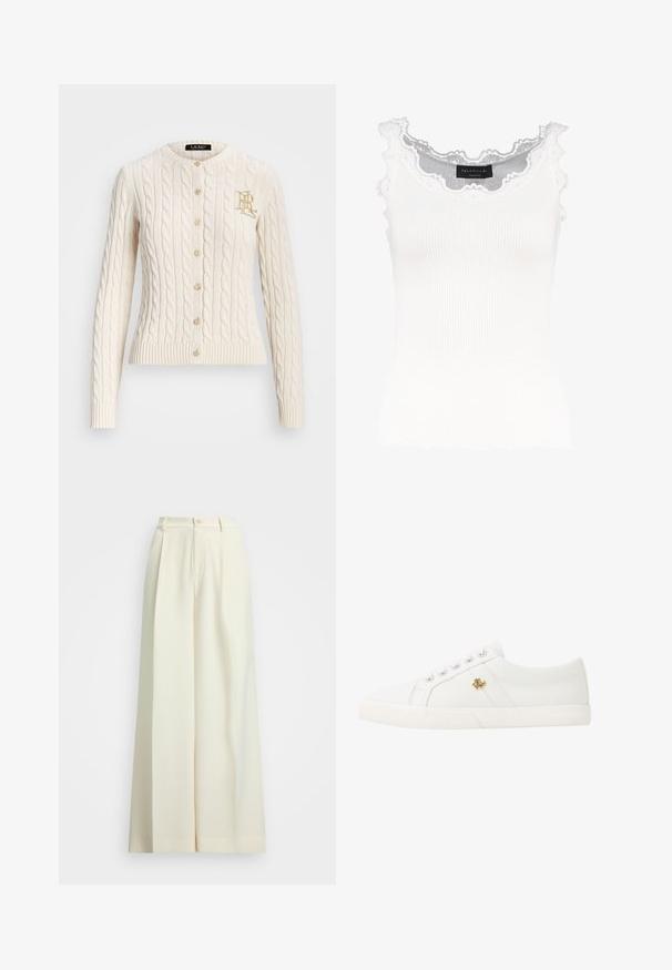 Cardigã creme em ponto de cable, com gola redonda, mangas longas, botões frontais e um pequeno logótipo dourado do lado esquerdo.; Camisola branca de alças com detalhe de renda na gola e nas mangas. Apresenta uma textura suave e um formato ajustado. Etiqueta da marca visível no interior.; Calças de perna larga em tecido bege claro, com cintura alta, pregas duplas e fecho de botão. Textura suave e design ajustado.; Lauren Ralph Lauren JANSON II CANVAS SNEAKER - Sapatilhas - optic white