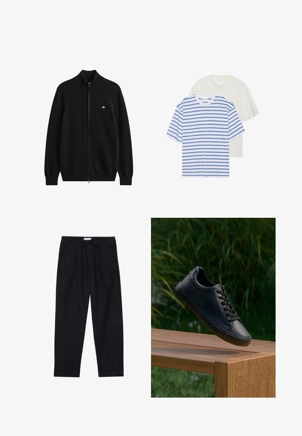 Μαύρη ζακέτα με φερμουάρ, με ριμπ κολάρο και μανσέτες. Κατασκευασμένη από μαλακό υλικό, με μικρό κεντημένο λογότυπο στο στήθος.; Δύο κοντομάνικα μπλουζάκια: ένα λευκό με μπλε ρίγες και ένα ομοιόμορφο ανοιχτό κρέμ. Μαλακό βαμβακερό υλικό, σχέδιο σε στρογγυλή λαιμόκοψη, άνετη εφαρμογή.; Pier One Chinos - black; Μαύρο δερμάτινο αθλητικό παπούτσι με λεία υφή, στρογγυλή μύτη και επίπεδα κορδόνια, τοποθετημένο πάνω σε ξύλινη επιφάνεια με πράσινο γρασίδι στο φόντο.