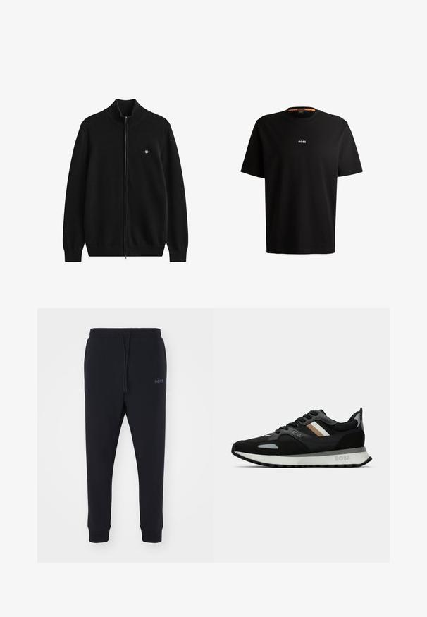 Juodas kardiganas su užtrauktuku, turintis putaustą apykaklę ir rankogalius. Pagamintas iš minkštos medžiagos, ant krūtinės yra mažas siuvinėtas logotipas.; Juodas medvilnės marškinėliai su apvaliu iškirpimu, trumpomis rankovėmis ir baltu "BOSS" logotipu, esant centruojamam ant krūtinės. Sklandžiai jaučiasi, patogus siluetas.; Juodos sportinės kelnės, pagamintos iš minkštos medžiagos, su elastinga juosta, raišteliu ir aptemptomis kojomis. Šone yra mažas logotipas.; Juodas bėgimo batelis su struktūrizuota paviršiumi, šviesiai pilkomis akcentais ir trimis horizontaliosiomis rudo atspalvio juostomis. Savyje turi baltą paminkštintą padu.