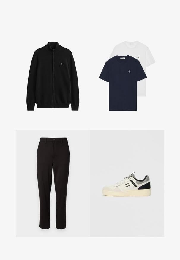 Svart cardigan med glidelås, ribbestrikket krage og mansjetter. Laget av mykt materiale og har en liten brodert logo på brystet.; To t-skjorter: en marineblå med et rundt logo, den andre hvit med et lite ankerdesign. Laget av bomull, kortermede.; Svart bukser laget av lett stoff, med rett ben, frontlukking med knapp, beltehemper og sidelommer.; Hvit sneaker med en teksturert overdel i semsket skinn og lær, svarte aksenter, mesh krage, snøring og en tykk gummisåle.