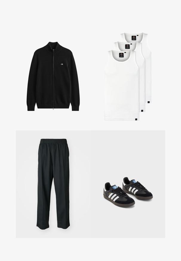 Crni kardigan sa patentnim zatvaračem, rebrastim ovratnikom i manžetama. Izrađen od mekanog materijala, s malim izvezenim logotipom na prsima.; Tri bijele rebraste majice bez rukava od pamuka. Imaju okrugli izrez i male crne oznake blizu rubova. Dostupne su u više veličina.; Crne atletske hlače s elastičnim pojasom, izrađene od glatkog materijala, s diskretnim bočnim šavovima i opuštenim krojem, ravne nogavice.; Crne tenisice s gornjim dijelom od antilopa i sintetičkog materijala, s tri bijele pruge, teksturiranom gumenom potplatom i plavom oznakom na jeziku.