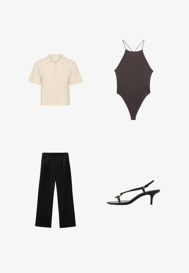 Camicia a maniche corte con bottoni di colore crema, realizzata in un tessuto testurizzato con una finitura morbida. Presenta un colletto e chiusure con bottoni simili a perle.; Costume da bagno intero marrone con collo alto e spalline sottili e regolabili; presenta una gamba alta e una texture liscia. Nessun motivo o decorazione.; Pantaloni neri a gamba larga con pieghe, caratterizzati da una texture liscia e un design a vita alta. Stile minimalista, senza hardware o decorazioni visibili.; Sandal con zeppa kitten nera in pelle, con sottili cinturini, fibbia dorata e una minimalista fascetta per le dita su sfondo bianco.