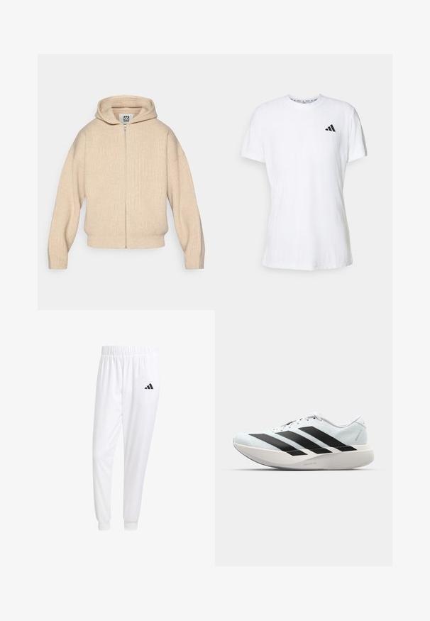 Sweater com capuz bege, de fecho éclair, feito de tecido canelado. Apresenta um fecho à frente e ombros ligeiramente caídos para um ajuste descontraído.; T-shirt de algodão branco com mangas curtas, apresentando um acabamento texturizado e um logo preto de três riscas no lado esquerdo do peito. Decote redondo.; Calças esportivas brancas feitas de tecido suave, com uma cintura elástica e punhos ajustados, apresentando um logo preto no bolso de trás.; Tênis de corrida leves em azul pálido com riscas pretas. Apresentam um cabedal liso, bico redondo e uma entressola espessa branca rotulada como "LIGHTSTRIKE PRO."