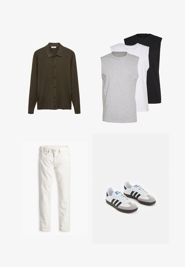 Donkergroen olijfkleurige cardigan van ribgebreide stof. Voorzien van een knopenlijst aan de voorkant, een puntige kraag en lange mouwen.; Drie mouwloze T-shirts in grijs, wit en zwart. Zacht katoenmateriaal met een ronde hals en een relaxte pasvorm. Eenvoudig ontwerp, geen patronen.; Witte denim spijkerbroek met een rechte pasvorm, vijf zakken, koperen knoop en klinknagels, en een subtiele textuur in de stof. Geen zichtbare patronen.; Sportschoenen met een witte leren bovenkant, grijze suède neus en drie zwarte strepen. Bevat een blauw logo op de tong en een gestructureerde rubberen zool.