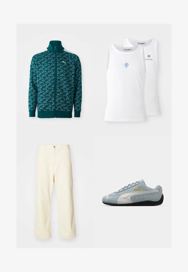 Chaqueta con cremallera en color teal que presenta un patrón de logotipos repetido, cuello y puños acanalados, y con detalles en blanco a lo largo de los hombros.; Dos camisetas sin mangas blancas, con textura acanalada, que presentan logotipos bordados en azul y verde. Una tiene un diseño de sol y la otra de una palmera.; Pantalones de pierna ancha color crema hechos de algodón, con cierre de botón, presillas para cinturón y dobladillo cosido. Textura suave, sin patrones visibles.; Zapatilla de ante azul claro con detalles en blanco, diseño texturizado en los laterales, suela de goma negra y logo dorado. Diseñada para uso casual.