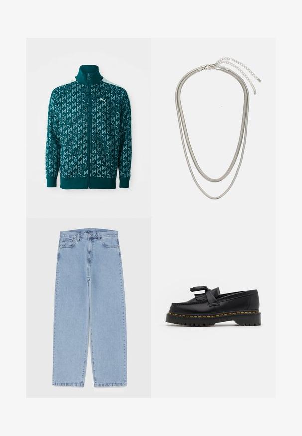 Tirkizna zip-up jakna s ponavljajočim logotipom, rebrastim ovratnikom in manšetami ter belimi detajli ob ramenskih delih.; Bela bombažna majica s kratkimi rokavi, krožnim ovratnikom, z majhnim zlatim logotipom na levem prsnem predelu. Mehka tekstura in običajen kroj.; Svijetloplave traperice s ravnim nogavicama, srednjeg struka, pet džepova te zatvaranjem na gumb i munju.; Črne usnjene loafersice s kaširanim naglasom, z debelim črnim podplatom in rumenim šivom ob robu. Teksturirana površina.; Tri-slojni srebrni kovinski ogrlica z elegantnimi, fleksibilnimi verigami z rahlim leskom, varovana z zaponko s katero se zaključi in nastavljivo verigo.