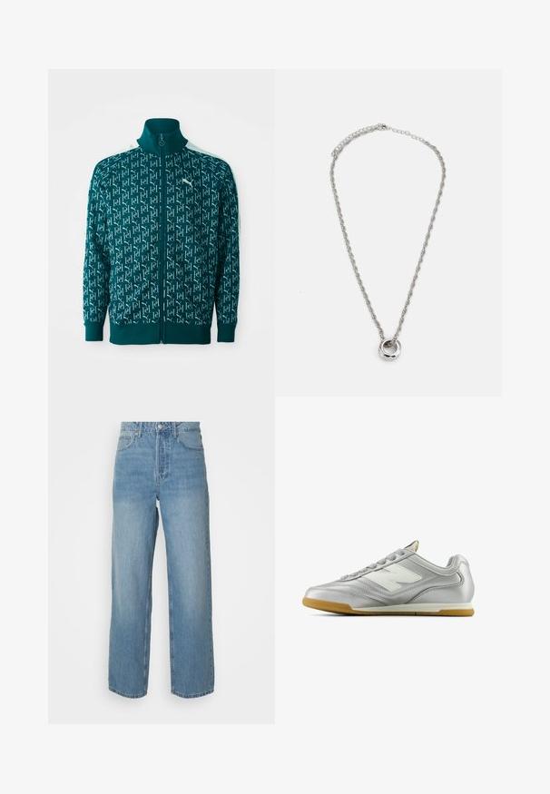Teal zip-up jacket featuring a repeating logo pattern, ribbed collar and cuffs, with white accents along the shoulders.; Three plain white cotton t-shirts with short sleeves. Each shirt features a round neckline and a small black logo tag on the left side.; High-waisted light blue denim jeans with straight legs, front button closure, and five-pocket styling on plain background.; Silver athletic shoe with a smooth, shiny surface, white logo on the side, textured gray laces, and a gum rubber sole.; Silver-toned metal necklace featuring a twisted chain design and a circular pendant with a polished finish.