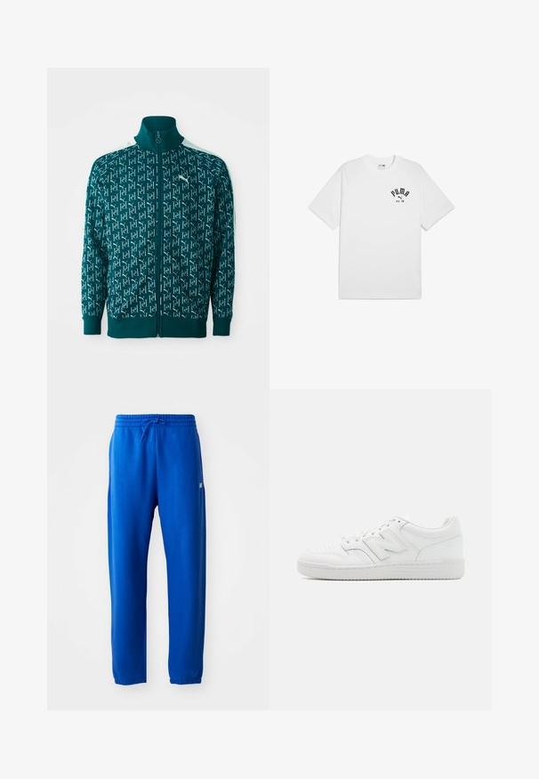 Mėlynas zip-up švarkelis su kartojančiu logotipo raštu, raukiniais ant apykaklės ir rankogalių bei baltais akcentais pečių srityje.; Balta medvilninė trumpomis rankovėmis marškinėliai su apvaliu iškirpimu, ant krūtinės turintys juodą atspaudo logotipą. Paprastas, klasikinių dizainas.; Mėlyni sportiniai kelniukai, pagaminti iš minkštos medžiagos, su elastingu juosmeniu ir raišteliu, siaurėjančiomis kojomis ir nedideliu logotipo akcentu šone.; Balti sportbačiai, pagaminti iš lygaus odos, su perforuota nosimi, tekstūruotu guminiais padais, plokščiomis raištelėmis ir ryškiu 'N' logotipu šone.