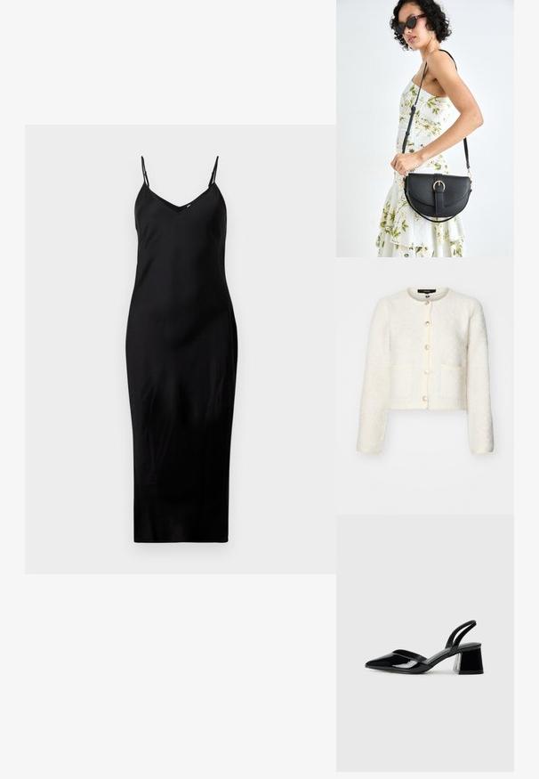 Bela teksturirana skrajšana jopica z okroglim izrezom, petimi gumbi za zapiranje, dvema sprednjima žepoma in rahlo napihnjenimi rokavi.; Črna brezrokavna midi obleka z tankimi spaghetti naramnicami in V-izrezom, prikazana na enobarvni beli podlagi.; Črne lakirane slingback pete s koničastim nosom in geometrijsko blokasto peto. Imajo eleganten, minimalističen dizajn in gladko teksturo.; Črna usnjena torbica s ukrivljeno obliko, z odstranljivo naramnico in zlatimi dodatki. Torbica ima pokrov s podrobnostmi v obliki zaponke.