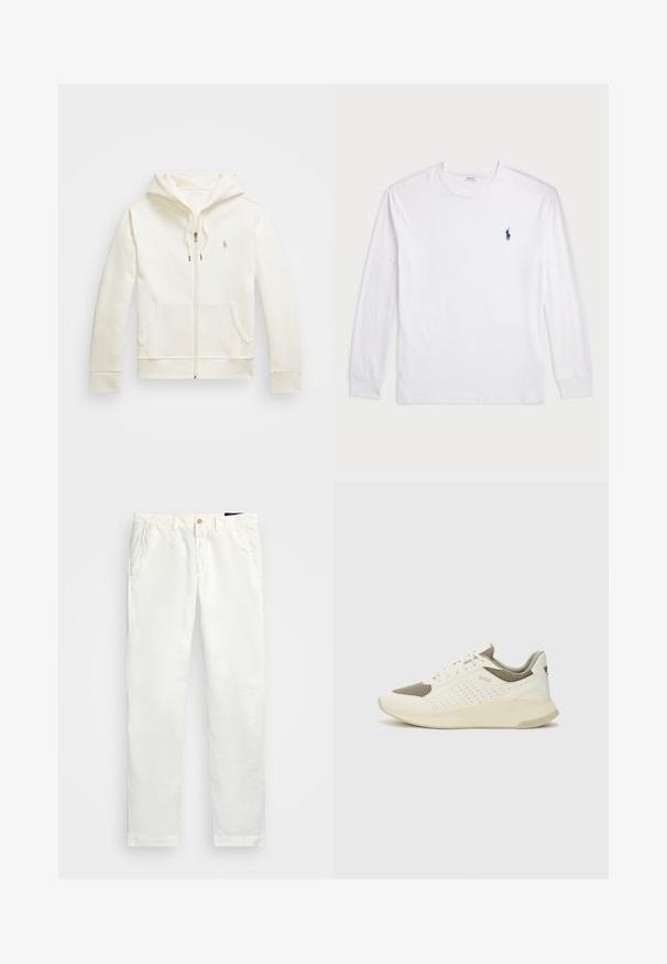 Krema barve zip-izjavljena kapuca iz gladkega blaga, ki ima sprednji žep, kapuco z vrvico in majhen logotip na prsih.; Bela dolga majica s dolgimi rokavi iz bombaža. Ima okroglo ovratnico, rebraste manšete in majhen temno moder polo logo na levem prsnem delu.; Bele bombažne chinos hlače s ravnim krojem, ki imajo stranske žepe, enojno zaklepanje na gumb in gladko teksturo.; Beli in svetlo bež športni copat, s mrežastim zgornjim delom, perforiranimi detajli in teksturirano srednjim delom z blagovno znamko na peti.