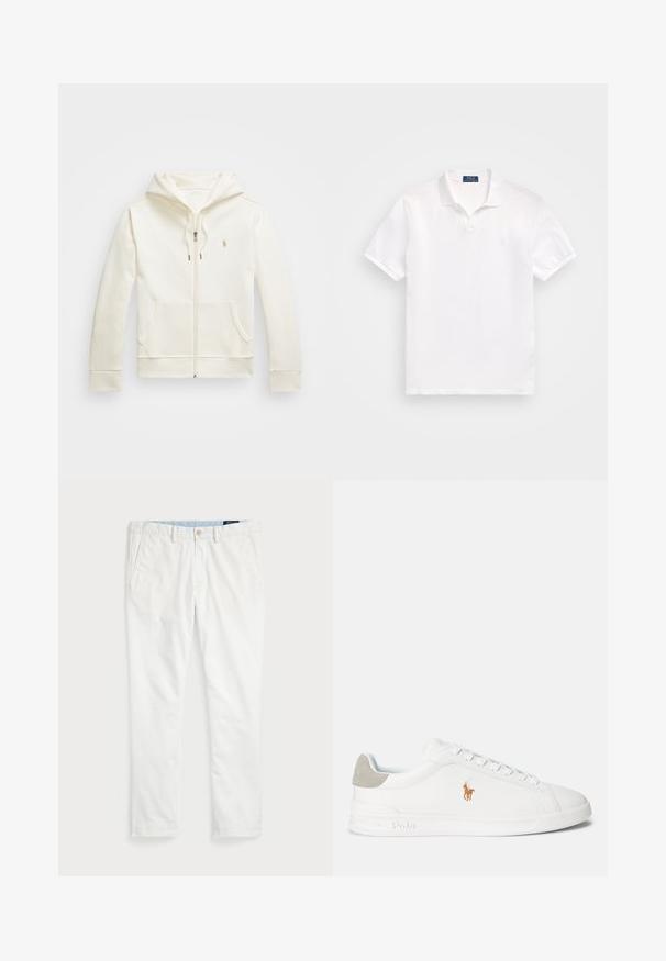 Krémová zipsová mikina vyrobená z jemnej látky, s prednou vreckom, šnúrkou na kapucni a malým logom na hrudi.; Biele polo tričko vyrobené z bavlny, s dvoma gombíkmi, krátkymi rukávmi a nenápadným logom na ľavom prsníku. Hladká textura.; Biele chinos vyrobené z bavlny, s plochým predným dielom, pútkom na opasok, dvoma bočnými vreckami a jedným zadným vreckom. Hladká textúra s rovnými nohavicami.; Biele tenisky z hladkého syntetického materiálu, s okrúhlou špičkou a šnurovaním. Obsahujú svetlošedý semišový akcent na päte a vyšitým logom.
