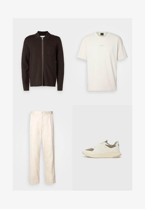 Brown zip-up sweater with a collared neckline, long sleeves, a simple pocket on the left chest, and a smooth texture.; BOSS TEE - Basic T-shirt - open white; Beige cotton trousers with a straight-leg cut, featuring a button closure and pleats at the front for added detail.; White and light beige athletic sneaker, featuring a mesh upper, perforated detailing, and a textured midsole with branding on the heel.