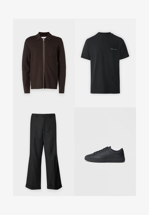 Brown zip-up sweater with a collared neckline, long sleeves, a simple pocket on the left chest, and a smooth texture.; Black cotton t-shirt with a classic crew neck, short sleeves, and two small white "SAMSØE" logos on the left chest.; Black wide-leg trousers with buttoned waistband and cuffed hems, displayed against a plain white background.; Black sneakers made of smooth leather with a low-top design, round toe, and flat rubber sole. Features laces and subtle branding.
