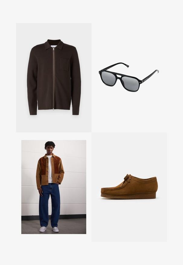 Bruine zip-up trui met een kraaghalslijn, lange mouwen, een simpele zak op de linkerborst en een gladde textuur.; Witte katoenen tank tops, mouwloos ontwerp, ronde hals, effen textuur, gemaakt van een zachte, lichtgewicht stof. Twee stuks tentoongesteld.; Man die binnen staat en een bruine corduroyjas met roestvlekken, een wit T-shirt, losse blauwe spijkerbroeken en witte sneakers draagt.; Bruine suède schoen met een ronde neus en een lage hak, gedetailleerde stiksels langs de naden en een vetersluiting aan de voorkant. Zachte textuur met een gestroomlijnd ontwerp.; Zwarte zonnebril met rechthoekige montuur, grijs getinte glazen en een uitgesneden ontwerp bij de neusbrug. Strak, glanzend kunststof materiaal met smalle veren.