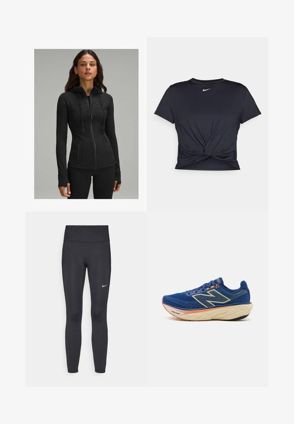 lululemon DEFINE HOODED NULU™ - Sweatjacke - black; Schwarzes Sport-T-Shirt aus glattem Stoff, mit einem geknoteten Vorderdesign und einem kleinen weißen Nike-Logo auf der Brust.; Schwarze Leggings aus elastischem Stoff, mit einem hohen Bund und einem weißen Nike-Logo auf dem linken Oberschenkel. Glatte Textur, figurbetontes Design.; Blauer Laufschuh mit atmungsaktivem Mesh-Obermaterial, gepolstertem Kragen und einer gepolsterten Sohle mit orangefarbenen Akzenten. "Fresh Foam"-Branding sichtbar.