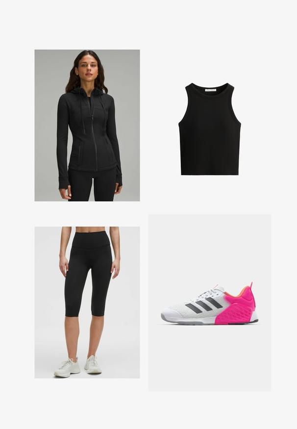 lululemon - Bluza rozpinana; Czarny prążkowany top bez rękawów z okrągłym dekoltem i szerokimi wycięciami na ramionach. Materiał wydaje się miękki, a krój jest dopasowany.; Czarne rowerowe szorty o wysokim stanie wykonane z rozciągliwego, gładkiego materiału, kończące się tuż poniżej kolana, w połączeniu z jasnymi butami sportowymi.; Białe buty sportowe z szarymi paskami, siateczkową cholewką oraz różowym piętą i akcentami. Posiadają teksturowaną piętę i gumową podeszwę. Sznurowadła i wyściełany kołnierz.