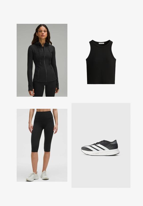 lululemon DEFINE HOODED NULU™ - Sweatjacke - black; Schwarzes geripptes Tanktop mit rundem Ausschnitt und weiten Armausschnitten. Das Material wirkt weich und hat eine figurbetonte Passform.; Schwarze, hoch taillierte Radfahrshorts aus dehnbarem, glattem Stoff, die direkt unter dem Knie enden, kombiniert mit hellen Sportschuhen.; Schwarzer Sportschuh mit weißen Streifen, Obermaterial aus Mesh, gepolsterter Sohle und einem schlanken Design. Akzente in Grau an der Ferse und der Zunge.