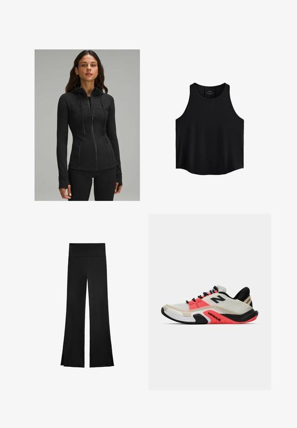 lululemon DEFINE HOODED NULU™ - Mikina so zipsom - black; Čierny bezrukávový top vyrobený z hladkej látky, s okrúhlym výstrihom, priamym strihom a bočnými panelmi s jemnou textúrou.; Čierne nohavice so širokým strihom, s vysokým pásom a bočnými rozparkami pre ľahký pohyb. Vyrobené z hladkého, elastického materiálu.; New Balance MINIMUS TR - Tréningová obuv - sea salt