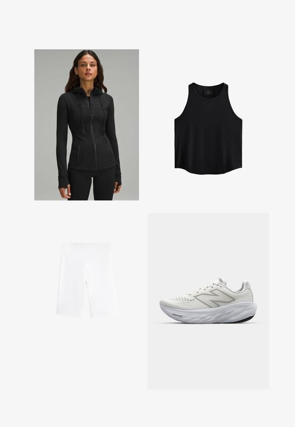 lululemon DEFINE HOODED NULU™ - Mikina so zipsom - black; Čierny bezrukávový top vyrobený z hladkej látky, s okrúhlym výstrihom, priamym strihom a bočnými panelmi s jemnou textúrou.; Biele cyklistické šortky vyrobené z elastického materiálu, s elastickým pásom a hladkým, bezšvovým designom. Dĺžka do polovice stehna.; Biele športové topánky s sieťovaným zvrškom, vybavené polstrovaným golierom, textúrovanou podrážkou a brandingom "Fresh Foam" na medzipodrážke.