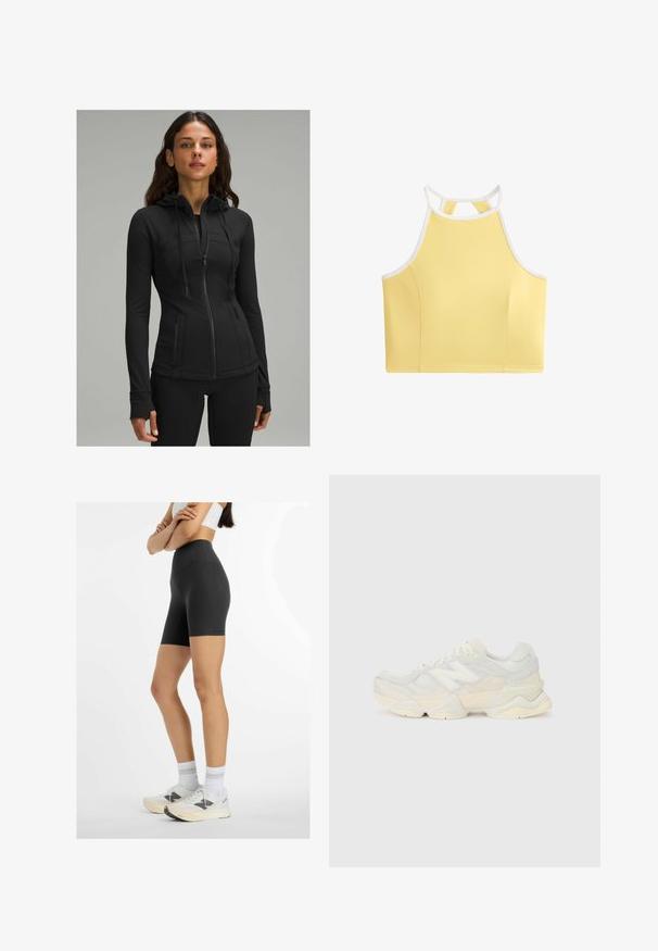 lululemon DEFINE HOODED NULU™ - Sweatjacke - black; Gelbes Sport-Crop-Top mit Racerback-Design, weißem Saum und glatter Textur. Verfügt über einen einfachen, minimalistischen Look ohne Muster.; Frau in schwarzen HIGH-Waist-Radshorts, weißem Sport-BH, weißen Socken und weißen Sneakers, die mit verschränkten Armen vor einem weißen Hintergrund steht.; Leichte Sneaker mit einem Obermaterial aus Mesh und Wildleder in sanften Cremetönen, einer dicken Sohle und dreidimensionalen Akzenten.