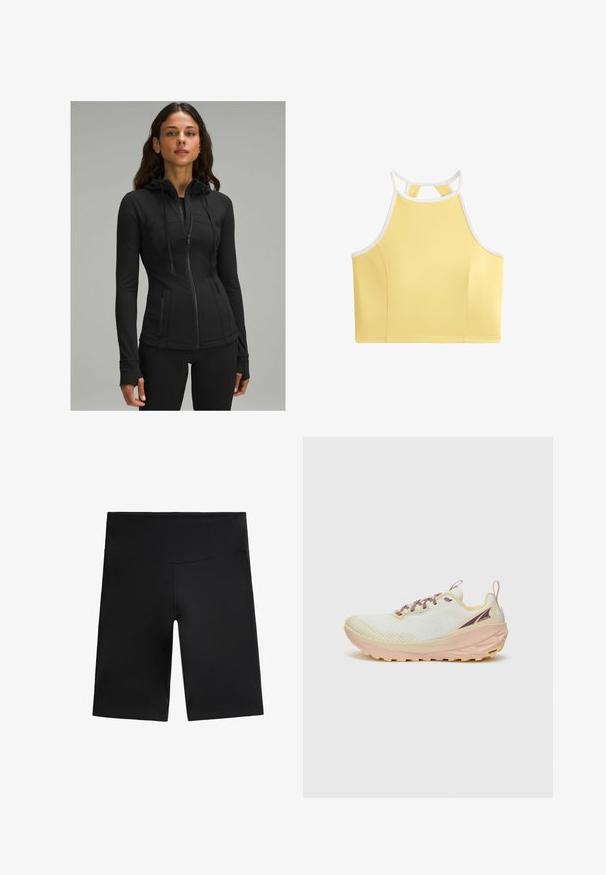 lululemon DEFINE HOODED NULU™ - Sweater met rits - black; Geel sportieve crop top met een racerback ontwerp, witte randen en een gladde textuur. Heeft een eenvoudige, minimalistische uitstraling zonder patronen.; Zwarte fietsbroeken van rekbaar materiaal. Heeft een hoge taille, een gladde textuur en een knielange ontwerpen zonder zichtbare naden of patronen.; Heren trailrunning schoenen met een witte mesh bovenkant, een roze en gele zool, veters in donkerpaars en een getextureerde rubberen loopzool voor grip.