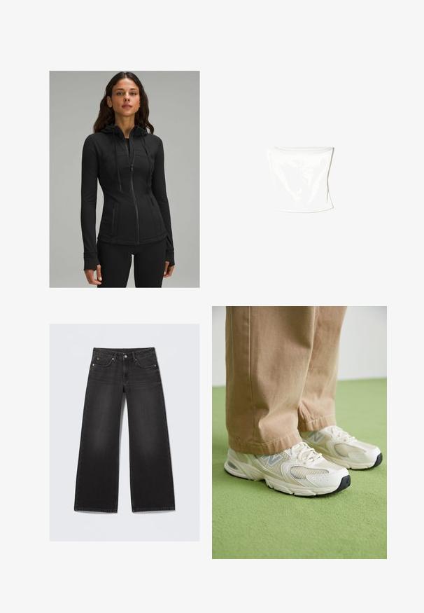 lululemon DEFINE HOODED NULU™ - Cipzáras pulóver - black; Fehér, testhezálló csőtop sima anyagból készült. Egyszerű formájú, nincs rajta különösebb minta vagy díszítés, puha, varrás nélküli dizájn jellemzi.; Fekete, széles szárú denim farmernadrág öt zsebbel és gombos záródással, egy világos háttérre helyezve.; Beige hálós és szintetikus sportcipők fehér talppal, fűzőkkel és szürke logós részlettel, zöld háttér előtt.